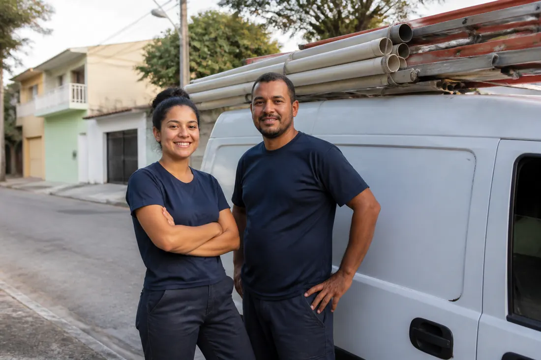 Dois encanadores da equipe ao lado da van de serviço