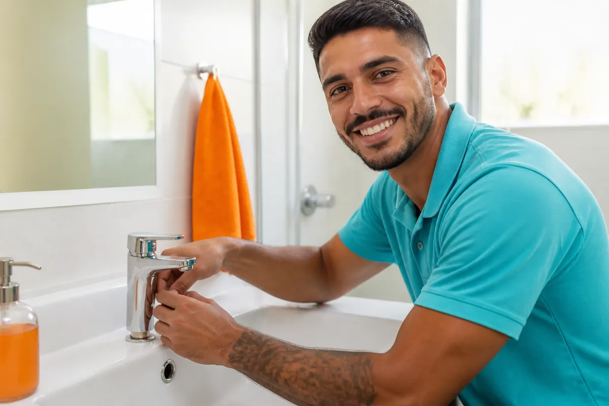 Encanador sorrindo enquanto instala uma torneira nova na pia do banheiro