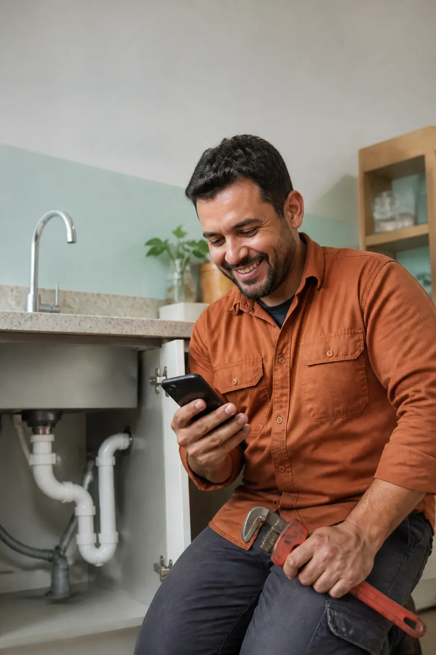 Encanador ajoelhado ao lado de uma pia, sorrindo enquanto lê uma mensagem no celular