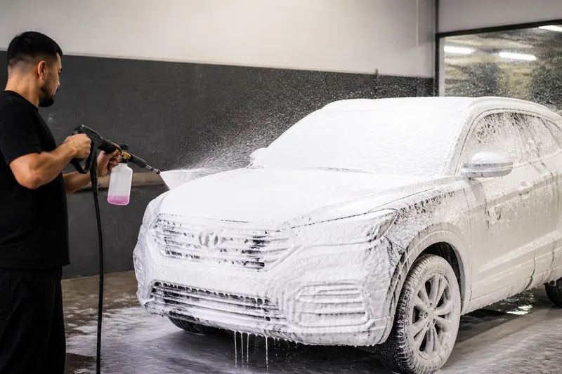 Carro coberto de espuma na pré-lavagem
