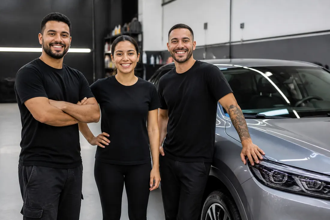 Equipe da estética no estúdio ao lado de um carro