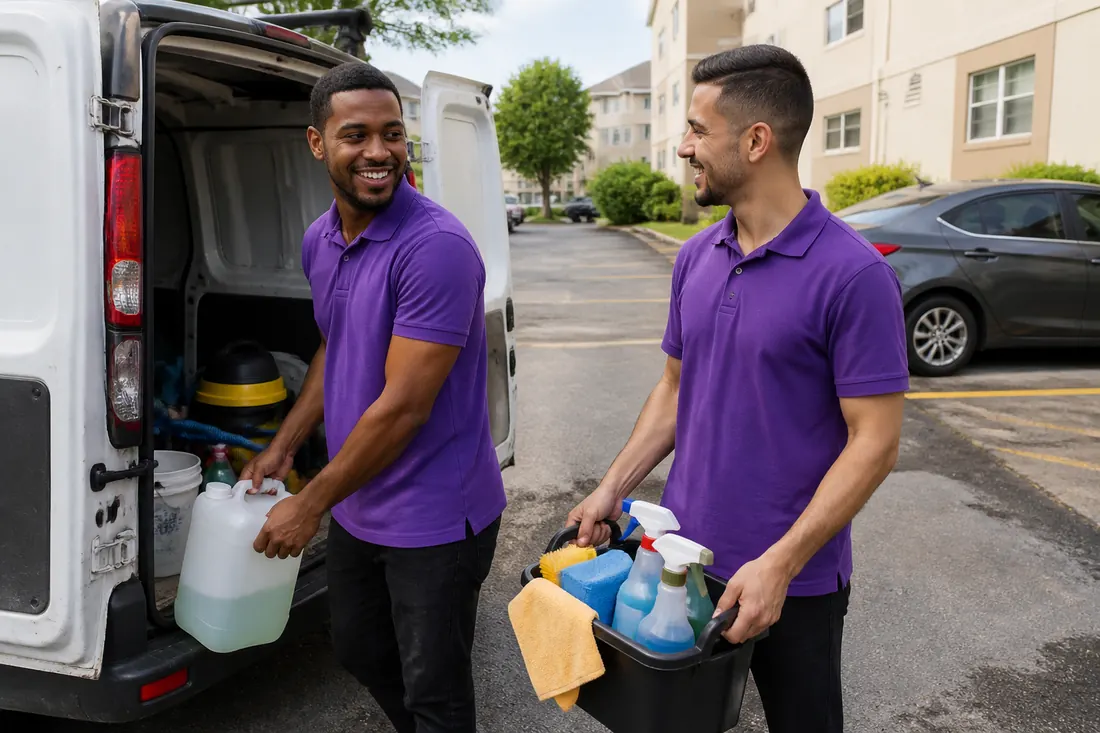 Equipe descarregando os produtos da van no estacionamento