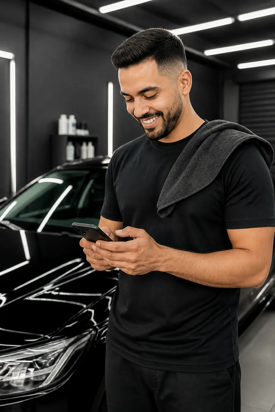 Detailer ao lado de um carro polido no estúdio, sorrindo enquanto lê uma mensagem no celular