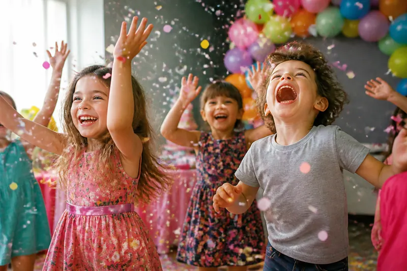 Crianças pulando com confete na festa