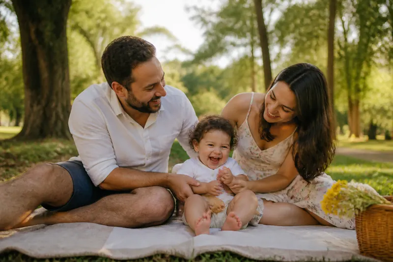 Família com bebê rindo em piquenique no parque