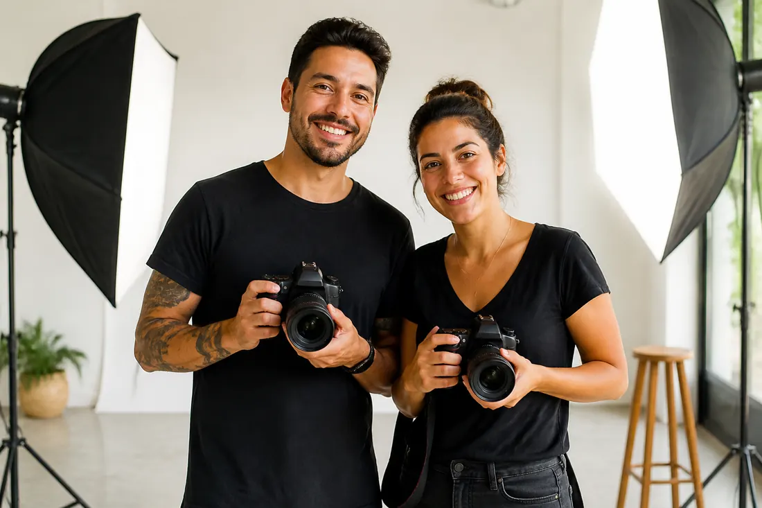Casal de fotógrafos com câmeras no estúdio