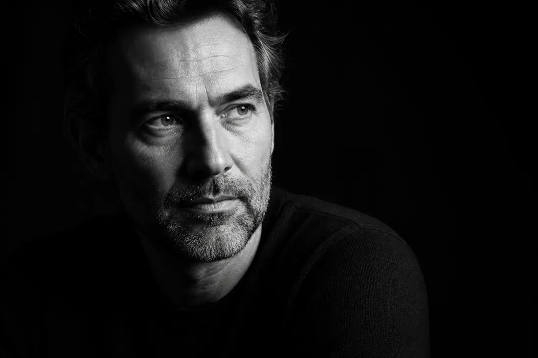Retrato em preto e branco de homem com luz dramática
