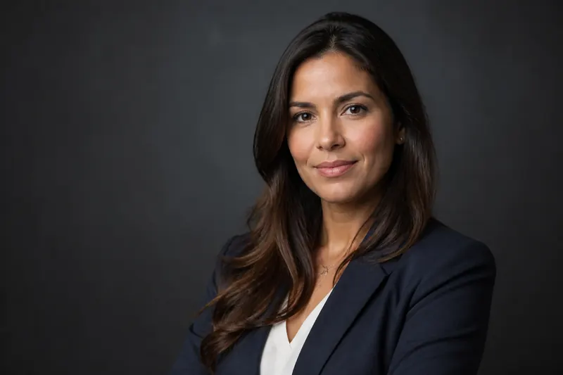 Foto corporativa de mulher de blazer em fundo cinza