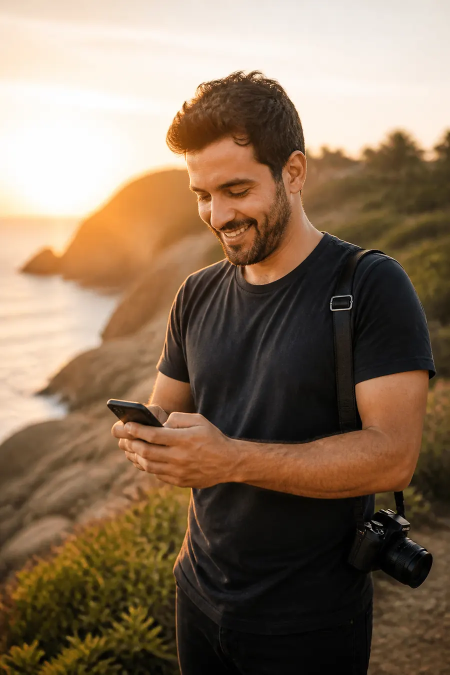 Fotógrafo com câmera no fim de tarde, sorrindo enquanto lê uma mensagem no celular