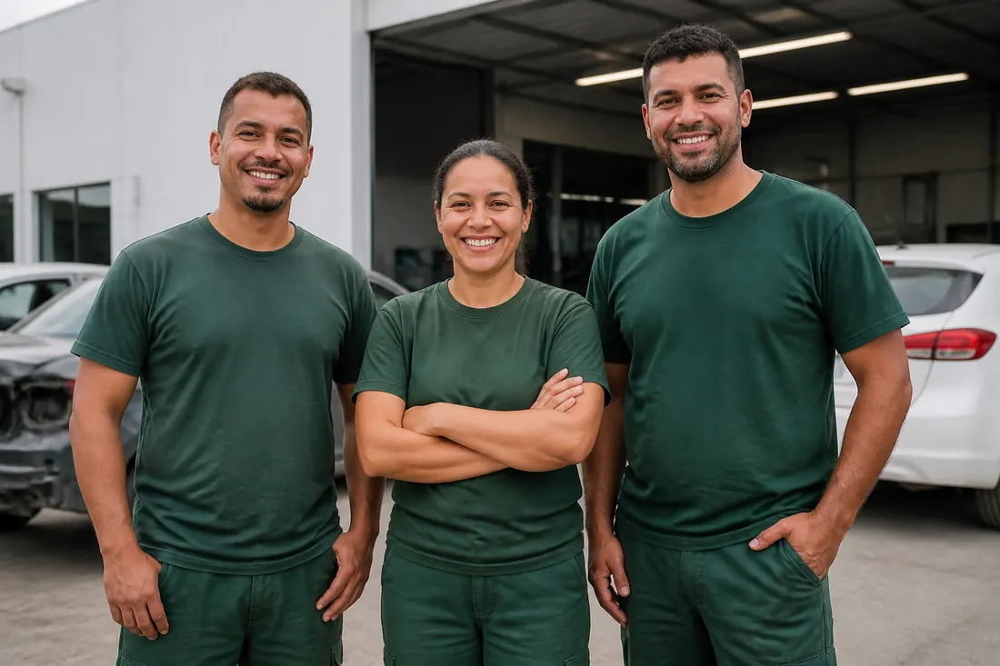 Equipe da funilaria na frente da oficina