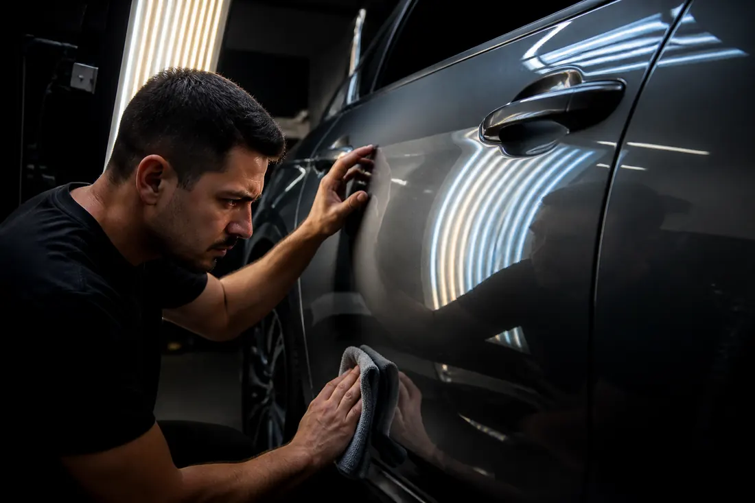 Zé conferindo a pintura da porta de um carro sob a luz de leitura