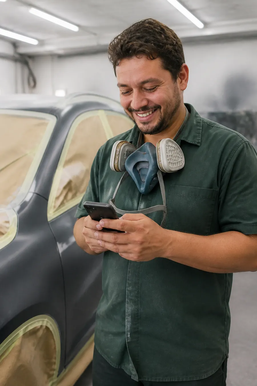 Pintor automotivo na funilaria ao lado de um carro preparado para pintura, sorrindo enquanto lê uma mensagem no celular