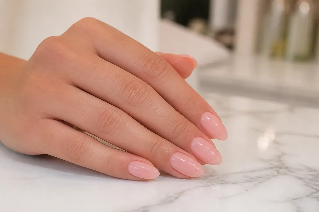 Mão com unhas amendoadas nude brilhantes