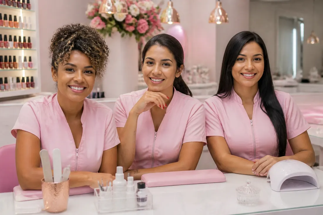 Equipe da esmalteria de uniforme rosa sorrindo