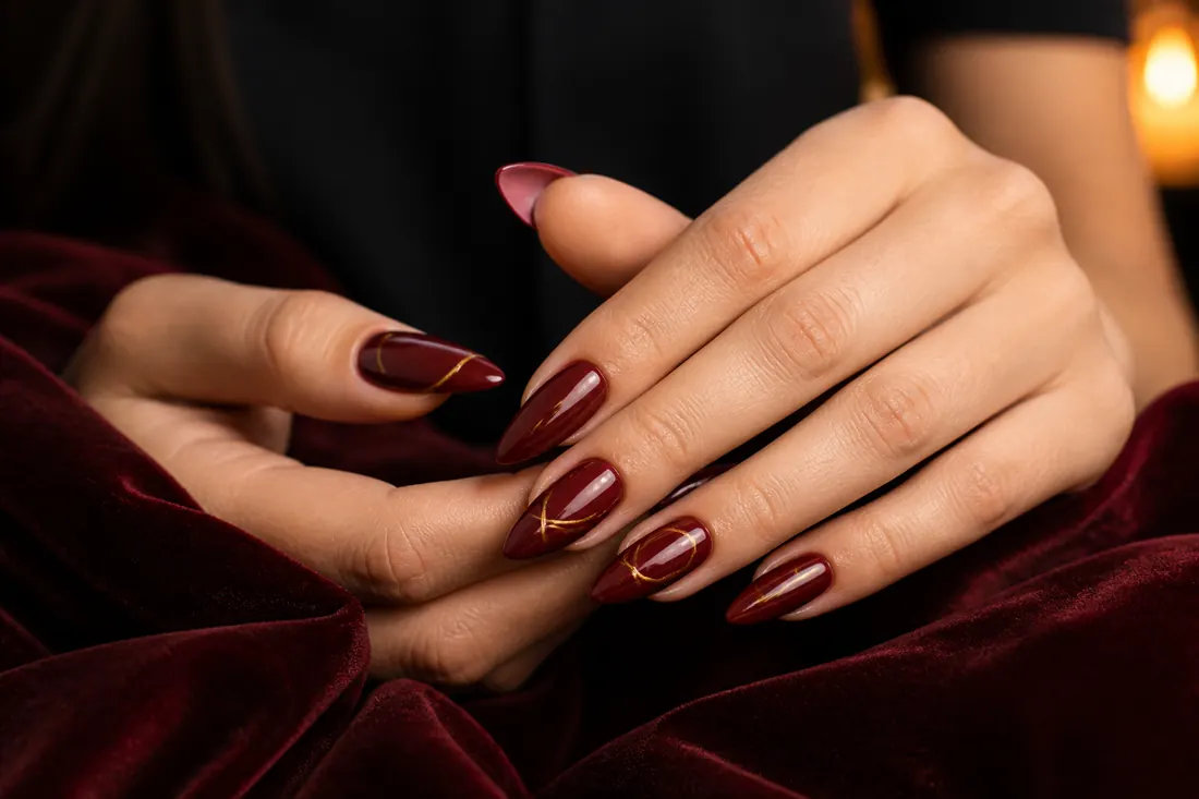 Unhas longas vinho com linhas douradas