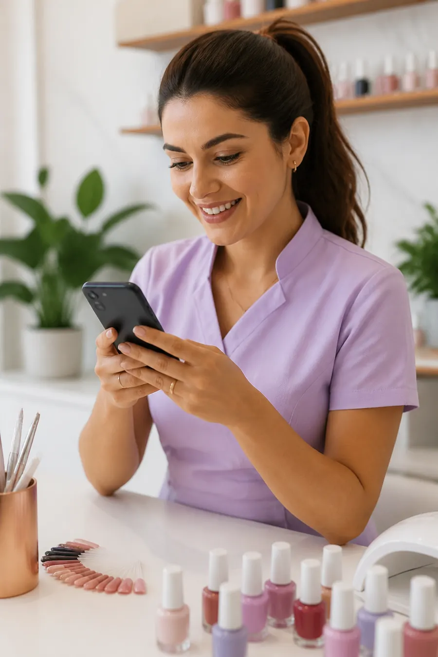 Nail designer na mesa de manicure, sorrindo enquanto lê uma mensagem no celular