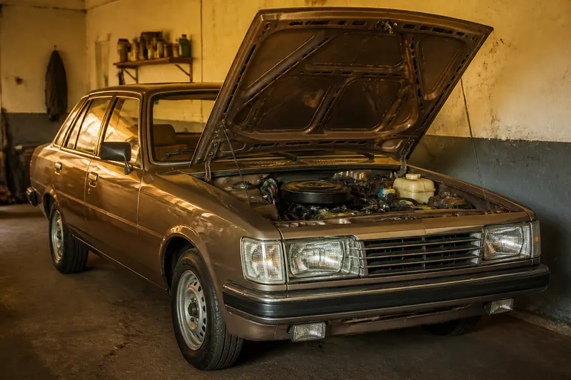 Sedã antigo dos anos 80 com o capô aberto na oficina