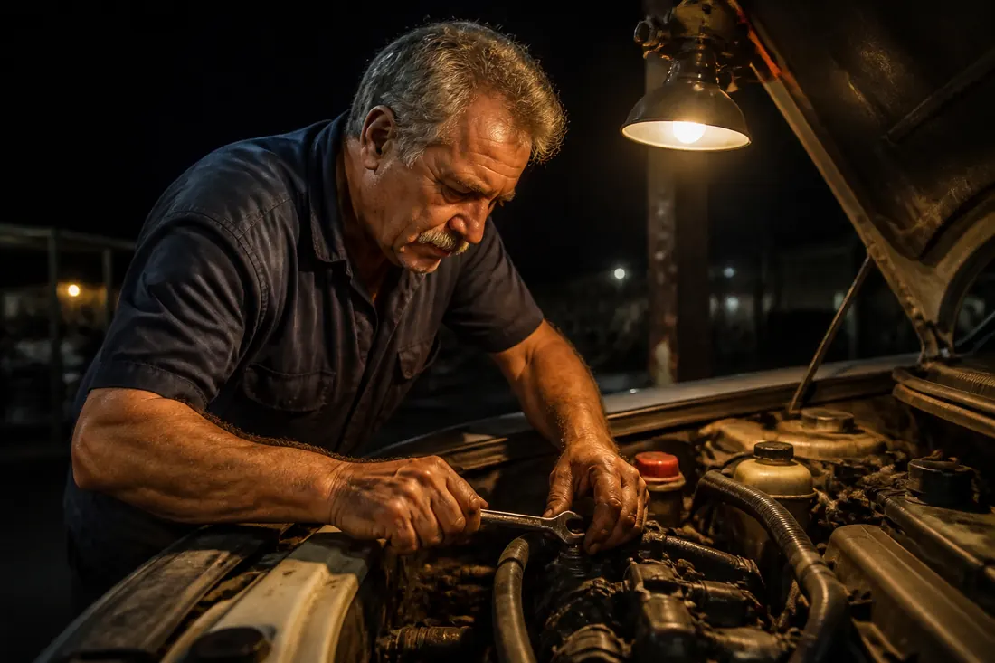 Luiz trabalhando no motor de um carro à noite sob a luz de uma luminária