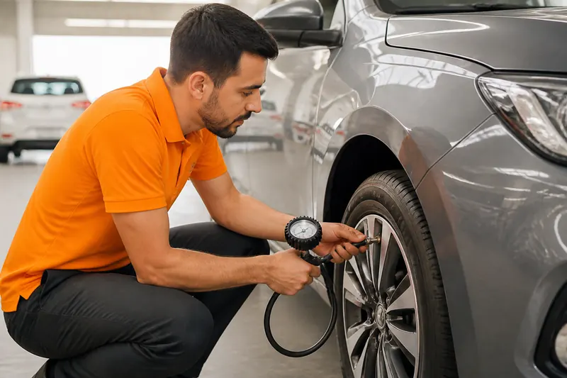 Mecânico calibrando o pneu de um carro
