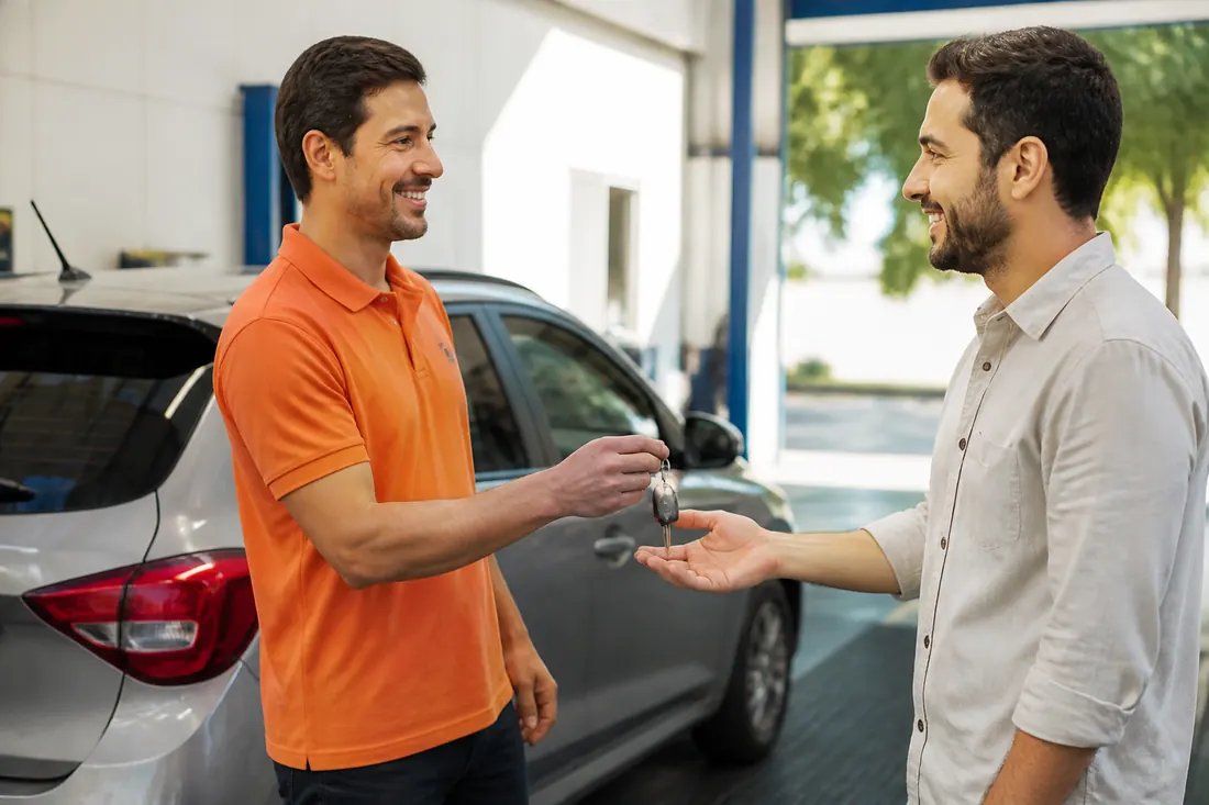 Mecânico entregando a chave do carro a um cliente sorrindo