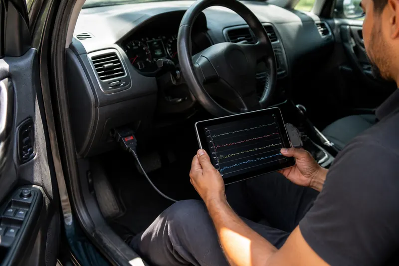 Tablet de diagnóstico conectado ao painel do carro