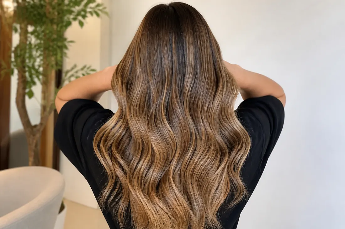 Cabelo longo com balayage mel em ondas