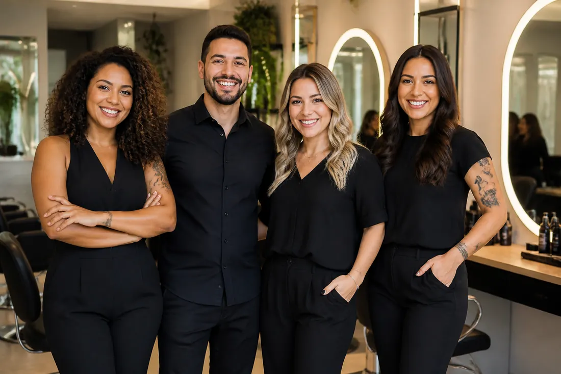 Equipe do salão sorrindo no espaço claro
