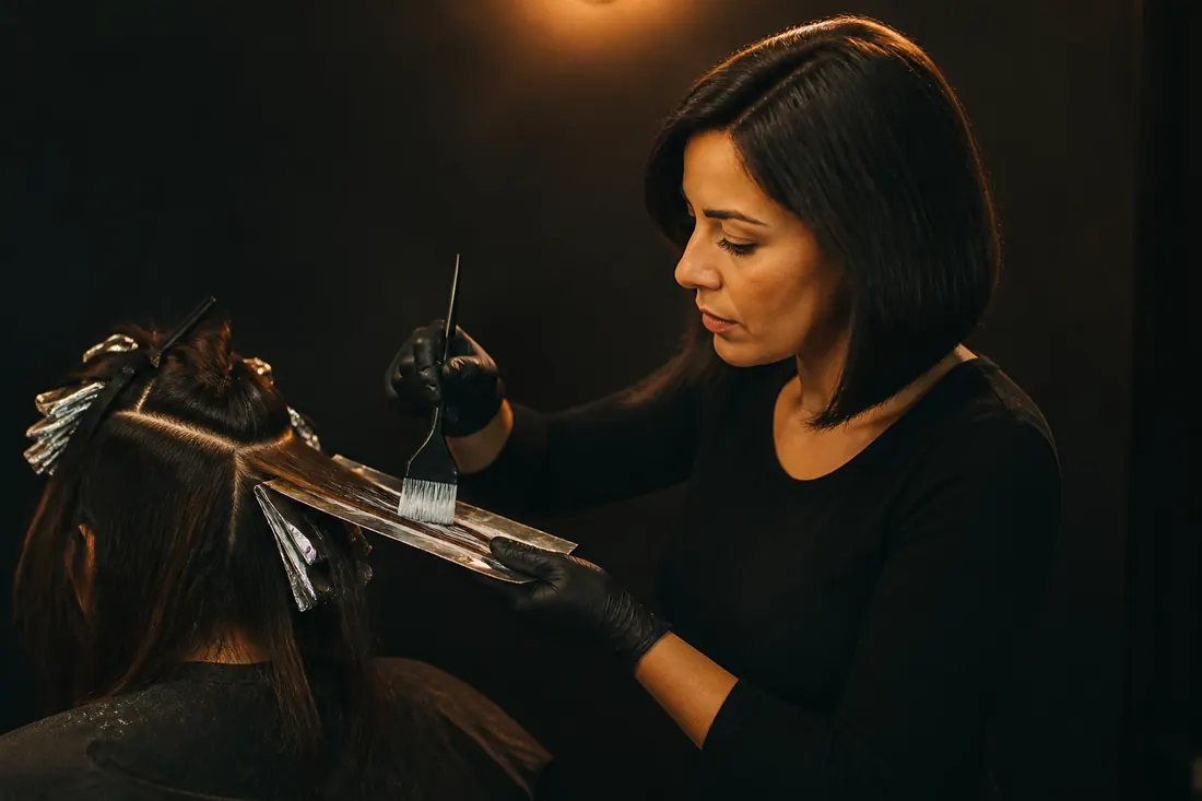 Marina aplicando coloração com pincel em mechas com papel alumínio