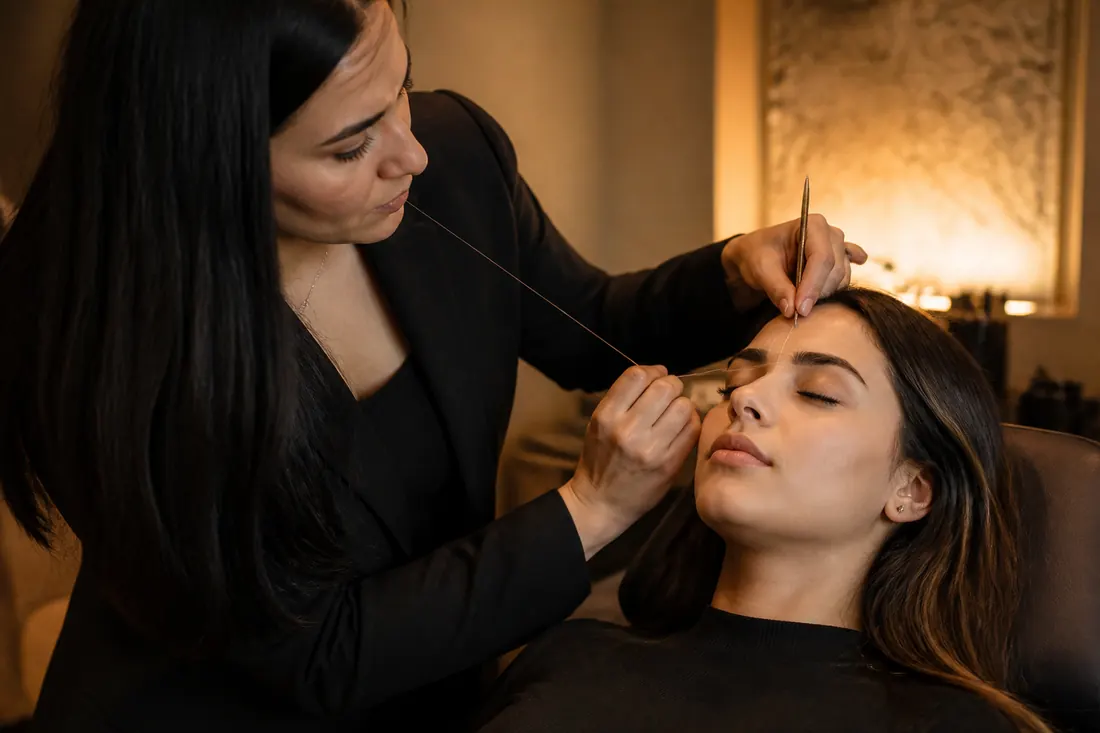 Bianca fazendo o mapeamento da sobrancelha de uma cliente com linha