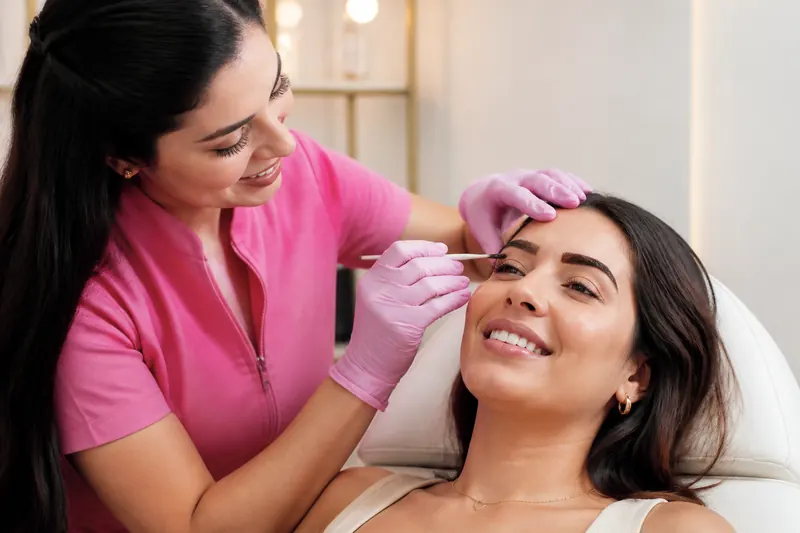 Profissional aplicando tintura na sobrancelha de cliente sorrindo