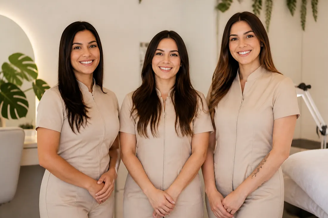 Equipe do estúdio de uniforme bege sorrindo