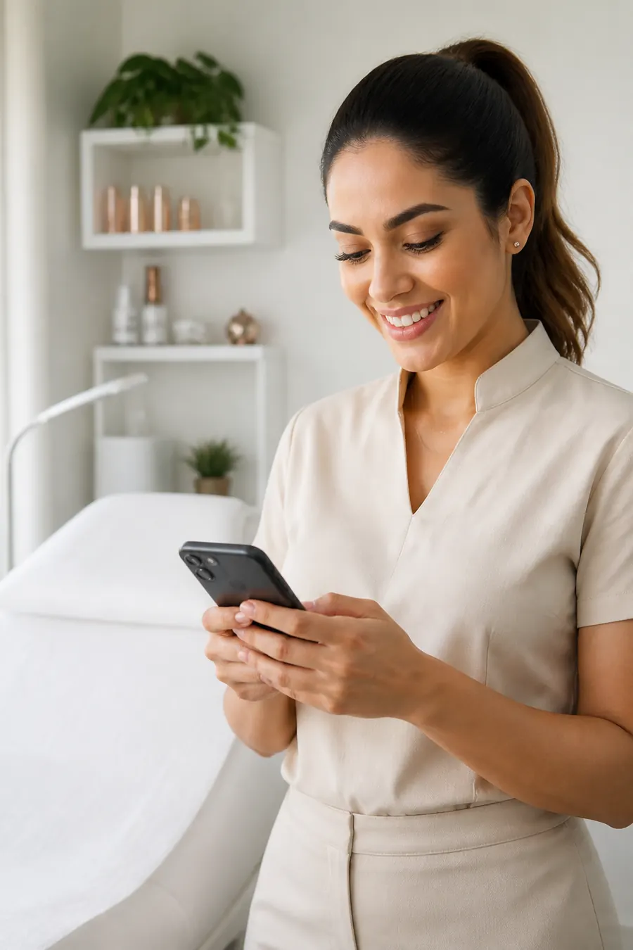 Designer de sobrancelhas no estúdio, sorrindo enquanto lê uma mensagem no celular