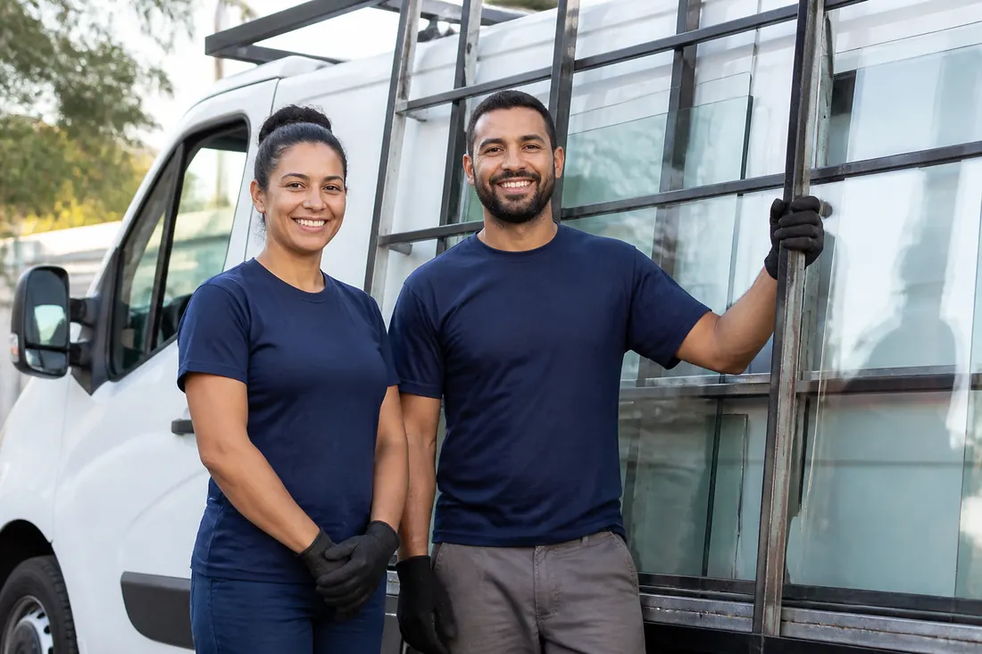 Dois vidraceiros da equipe ao lado da van com suporte para vidros