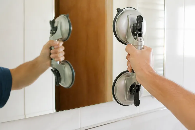 Mãos posicionando um espelho com ventosas