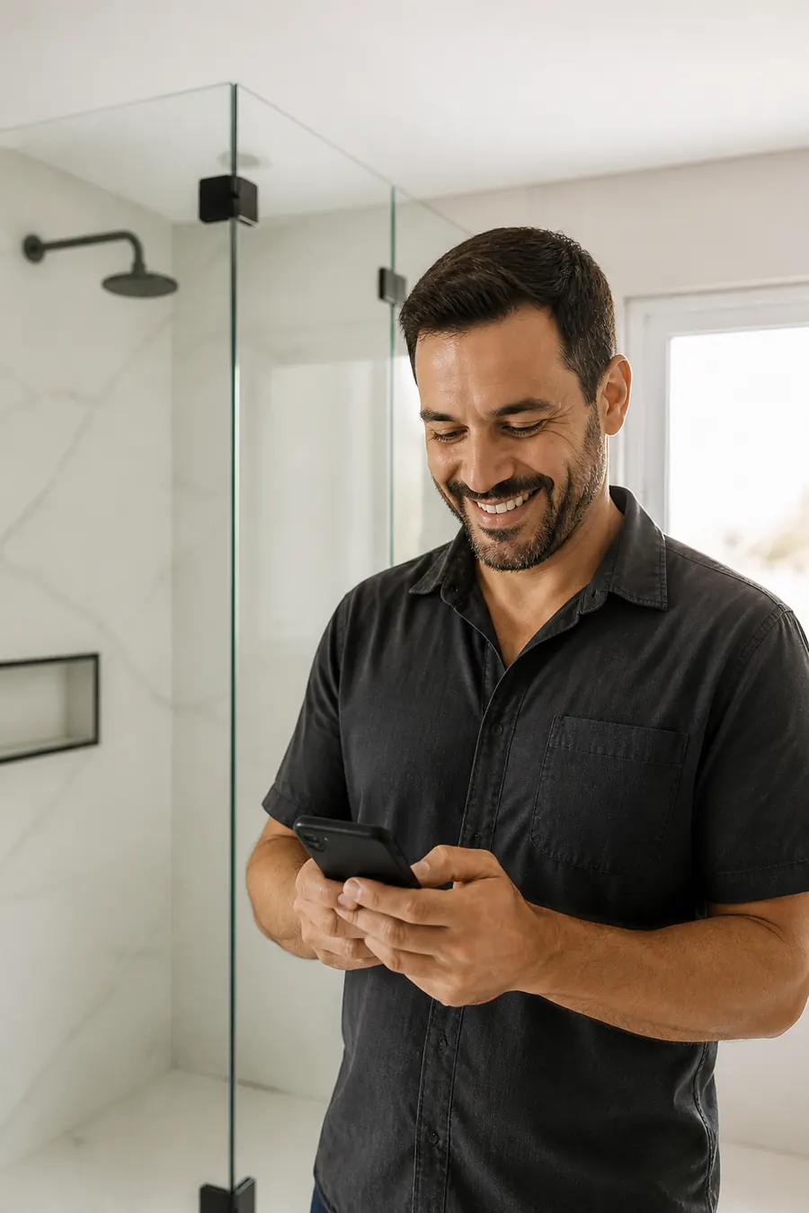 Vidraceiro ao lado de um box de vidro recém-instalado, sorrindo enquanto lê uma mensagem no celular